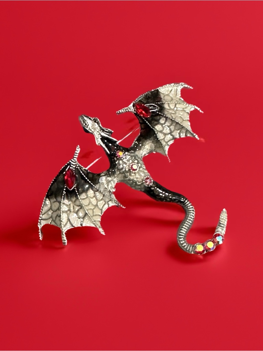 Dragon Wing Brooch with Red and Silver Accents